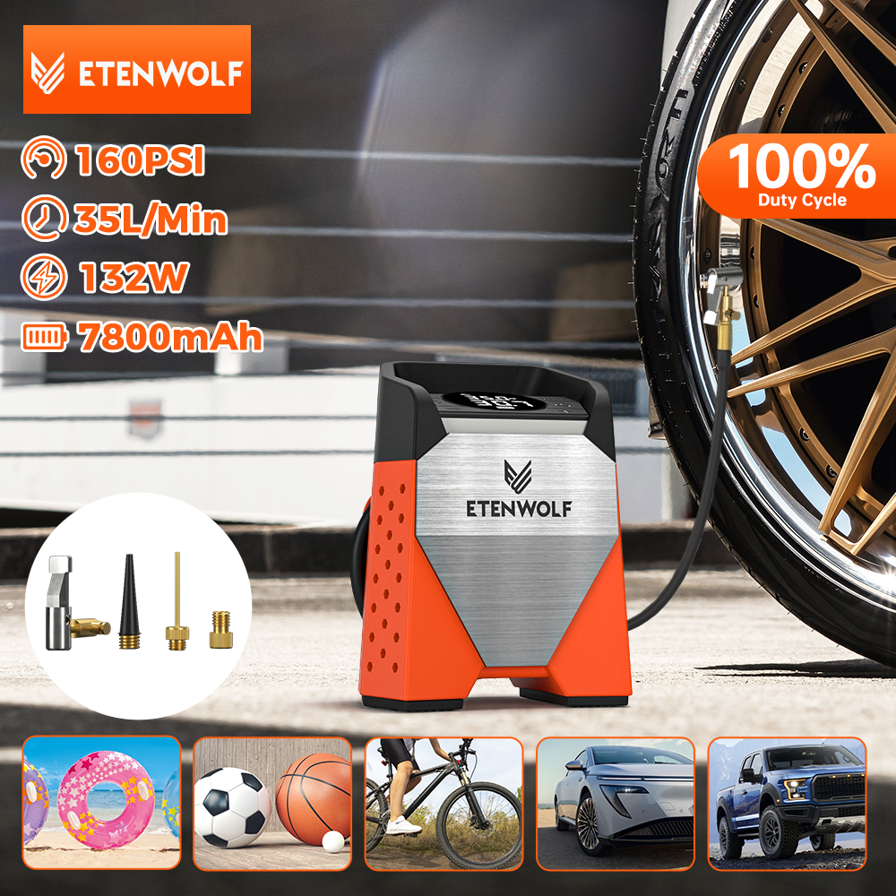 ETENWOLF ZEPHYR S3 draagbare bandenpomp 100% Duty Cycle 160 PSI auto-luchtcompressor 7800 mAh voor auto's motorfietsen ballen (nieuw)