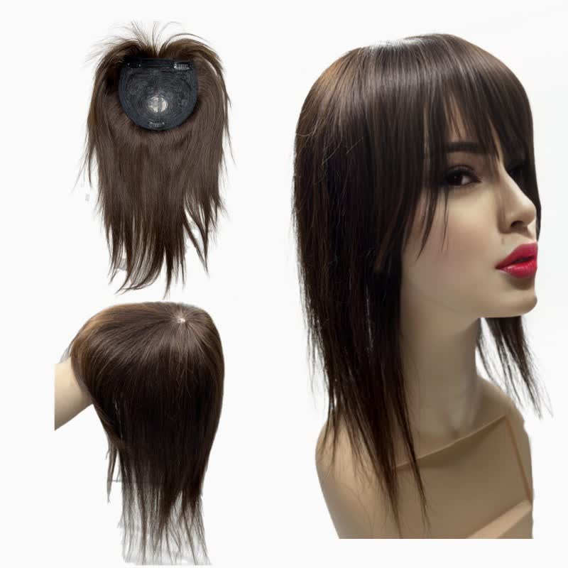 ผมมนุษย์หนา Toppers สําหรับผู้หญิงตุ๊กตา Bangs ยาว 45 ซม.60g Heavy Natural Hairpiece ฝาครอบผมสีเทา