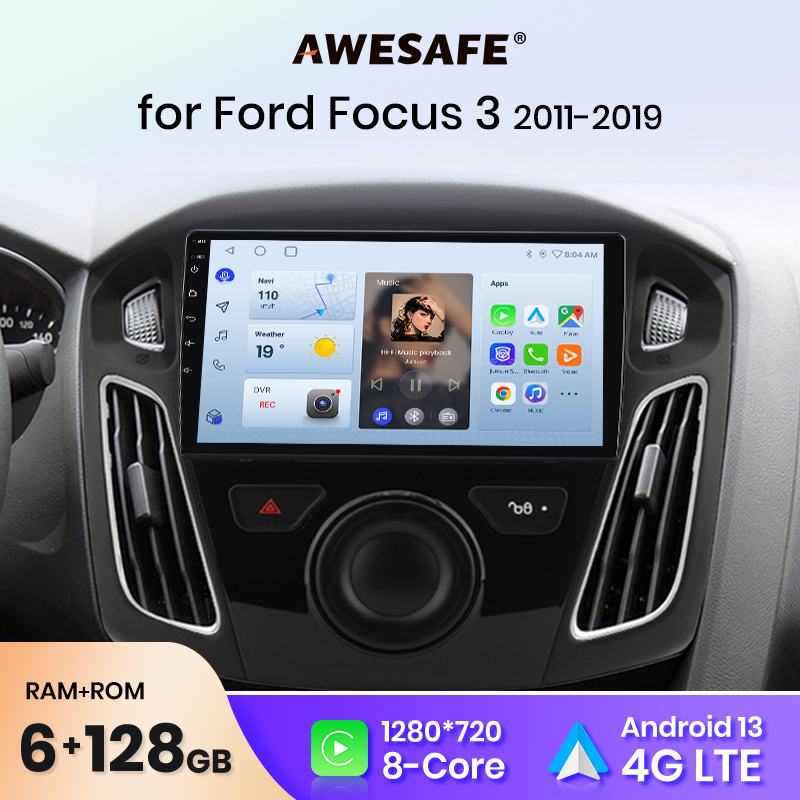 Rádio Automotivo AWESAFE com CarPlay e Android Auto sem fio para Ford Focus 3 2011 2012 2013-2019 GPS Navi SWC FM BT Plug and Play DSP Stereo