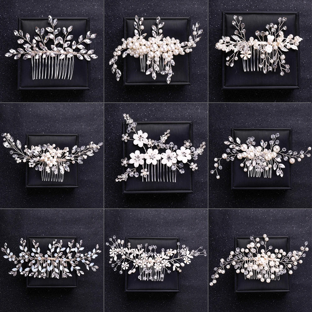 Peine de pelo de flores de cristal plateado hecho a mano, peines de flores de diamantes de imitación de perlas para mujeres, joyería para el cabello de novia, accesorios para el cabello de boda