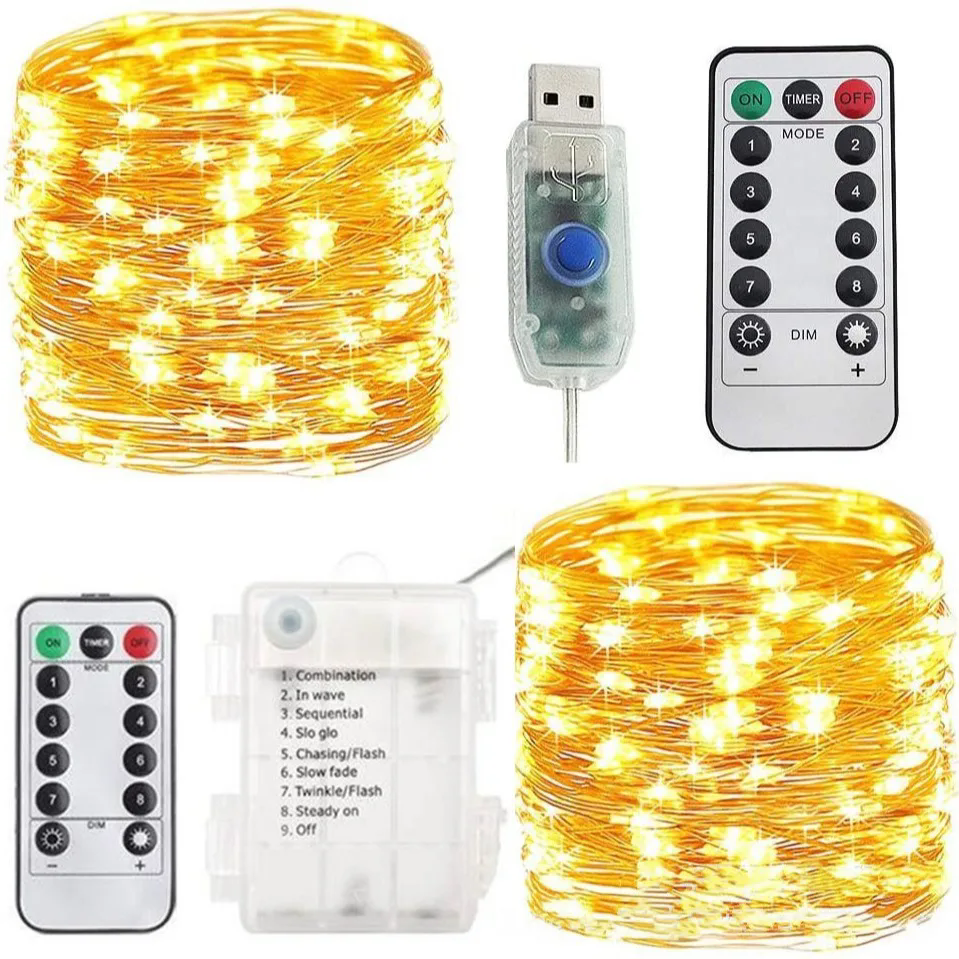 Lumière de noël 5-20m, étanche, télécommande, guirlande lumineuse féerique, fonctionne sur batterie/USB, décoration, minuterie à 8 modes, chaîne LED, fil de cuivre