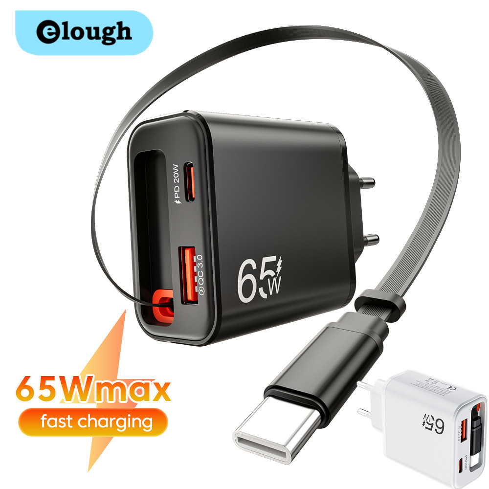 Elough USB Phone Charger With Retractable USB C Cable For iPhone 17 16 15 Huawei Xiaomi Super Fast Charger USB C Wall Charger
