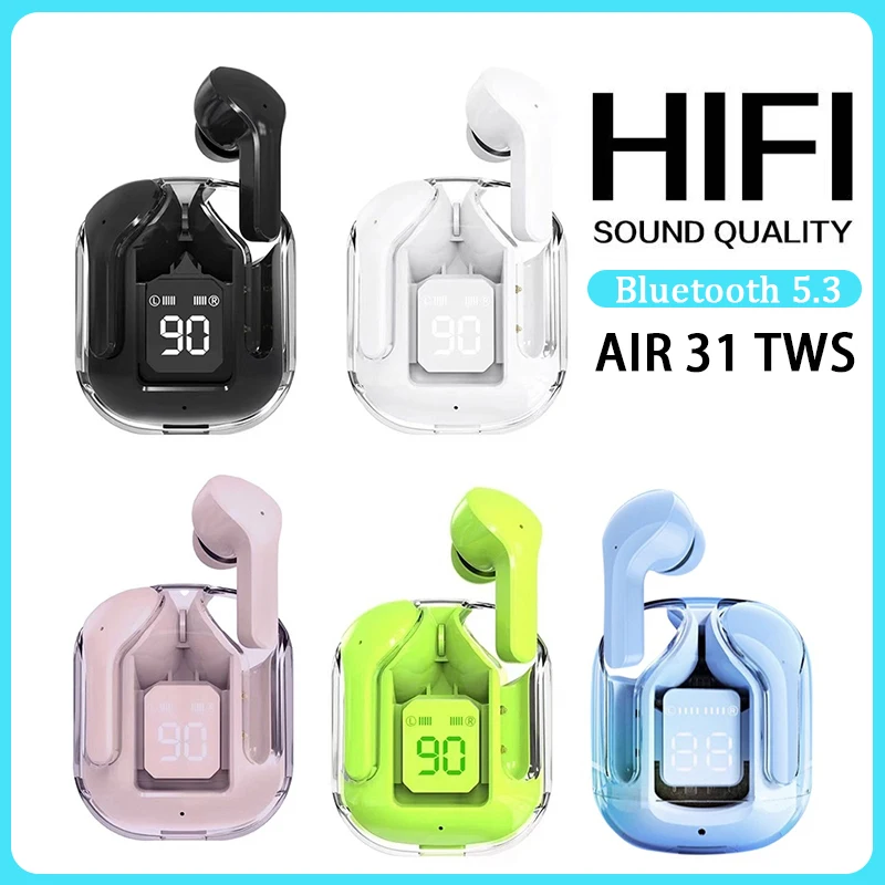 Écouteurs sans fil Bluetooth TWS Air31, écouteurs transparents avec affichage numérique, suppression du bruit, écouteurs de jeu BT30