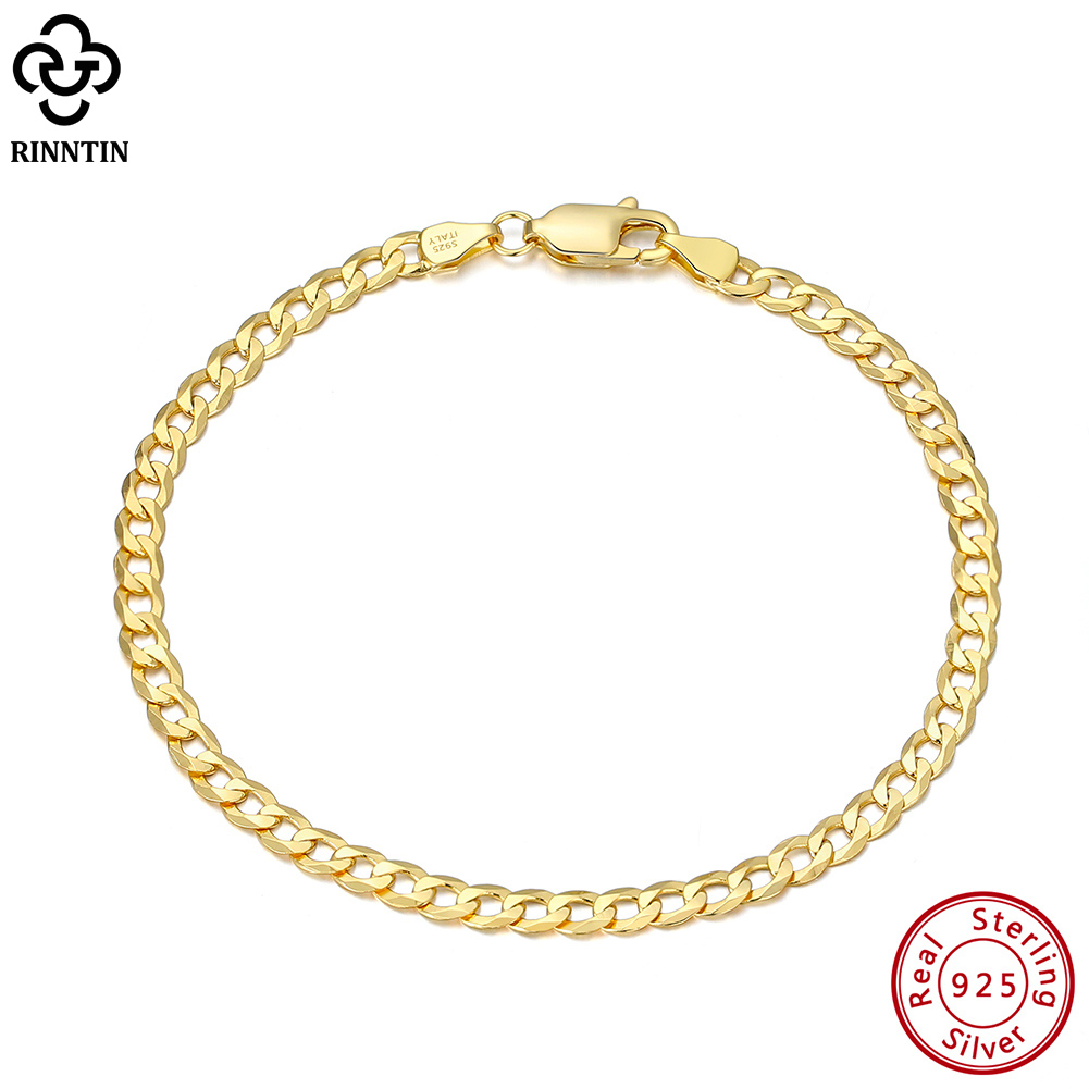 Rinntin oro de 18 quilates sobre Plata de Ley 925 pulsera de cadena cubana italiana de 3mm para mujeres y hombres pulsera de plata de moda joyería SB123