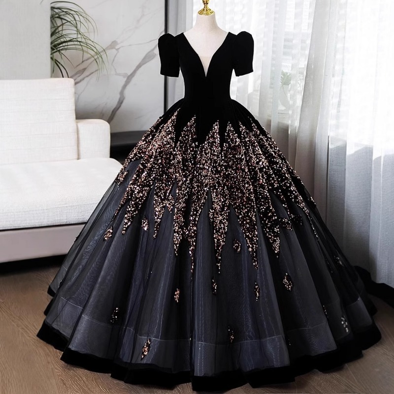Customized Black V-neck Evening Gown, High-end Host's Runway Show, Solo Singing, Art Exam, Performance Outfit, Elegant Socialite