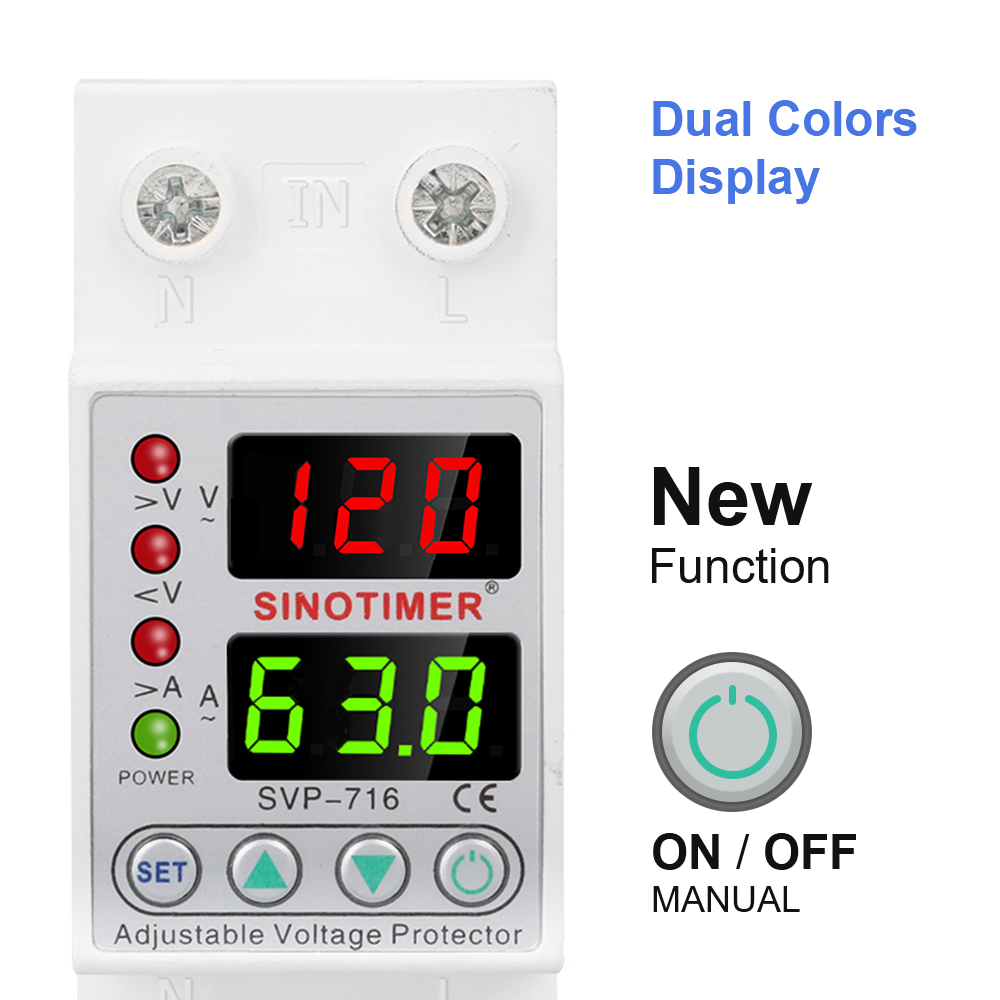 110VAC 120VAC 40A 63A DIN-Schienen-Schutzrelais mit Doppeldisplay, Einstellbarer Überspannungs-, Überstrom- und Unterspannungsschutz
