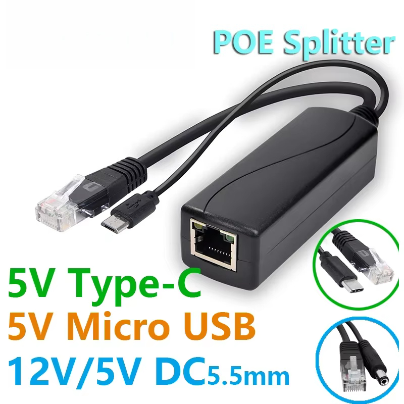 Divisor de Alimentación POE de 48V a 5V 12V, Conector Micro USB Tipo C para Hikvision, Huawei, Bobcat, Raspberry Pi