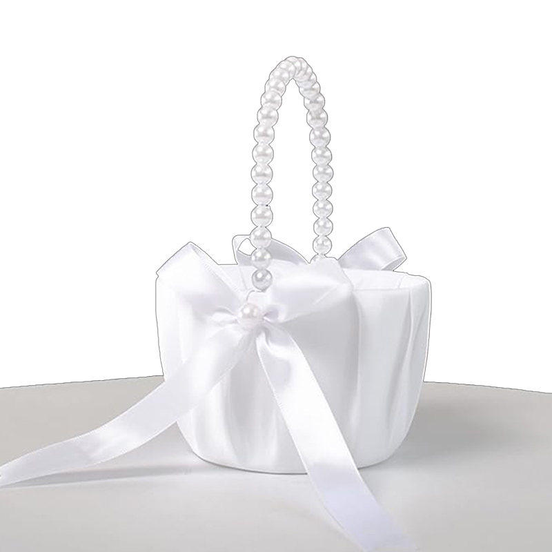 Wedding White Satin Bow Flower basket Flower Carrying basket with pearl handle suitable for bridesmaids and flower girls