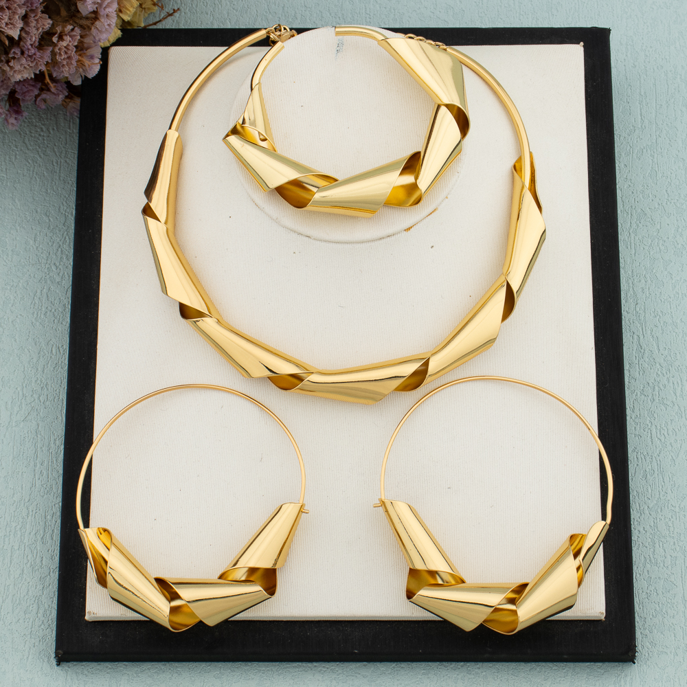 Luxe Vergulde Dubai Sieraden Set Voor Vrouwen Afrikaanse Koperen Twist Gedurfd Ontwerp Oorbellen Ketting Armband Kwaliteit Sieraden Cadeau