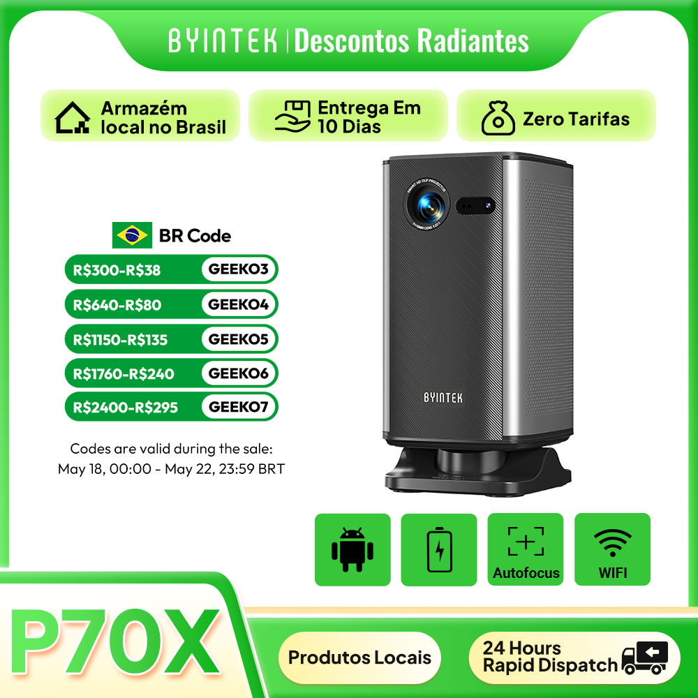 BYINTEK P70X Mini Projetor Portátil com Bateria Embutida 4K Suporte 3D Wifi para Filmes Ao Ar Livre Noite Projetores de Home Theater