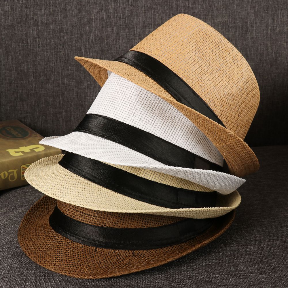 Topi Pantai Unisex Fashion Musim Panas, Topi Jerami Panama Bertepi Lebar, Topi Kasual Jazz, Topi Fedora Koboi, Topi Gangster