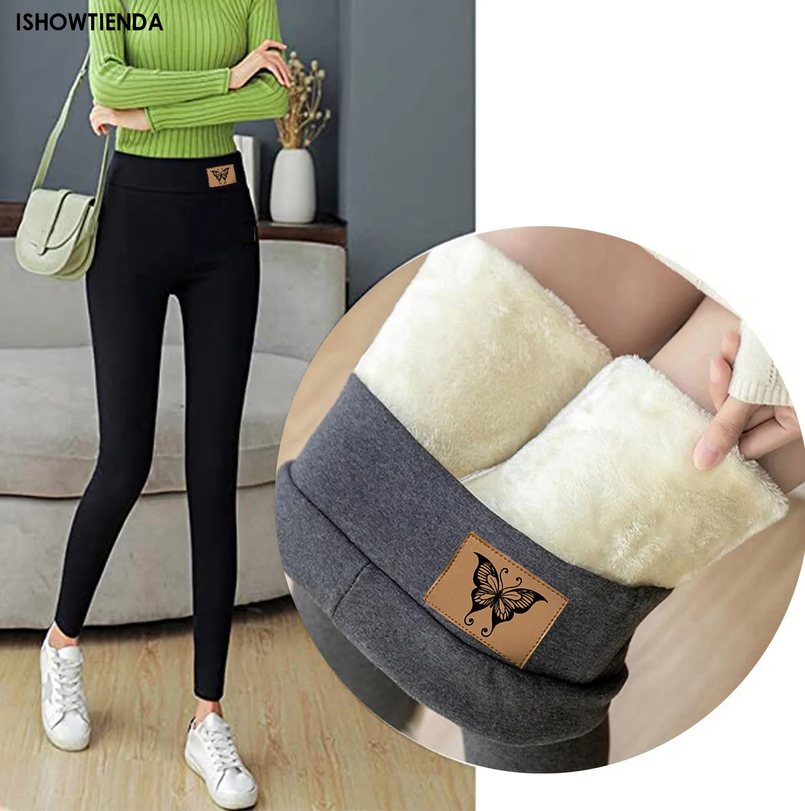 Leggings de veludo térmico feminino, calças justas de algodão, calça polar, preto, cinza, grosso, quente, inverno