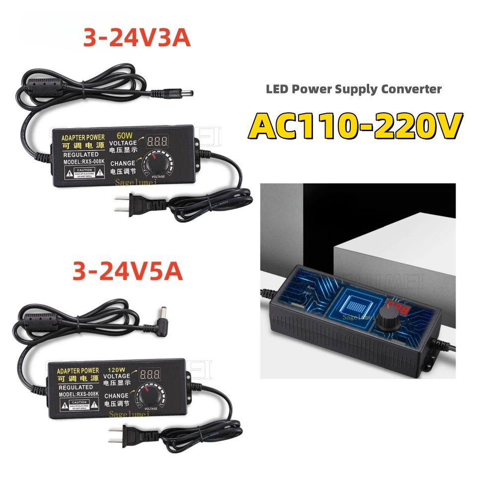 Einstellbarer AC zu DC 3–24 V, 5 A, 3 A, schaltender Universal-Adapter, spannungsgeregeltes Netzteil, 60 W, 120 W, für LED-Streifen