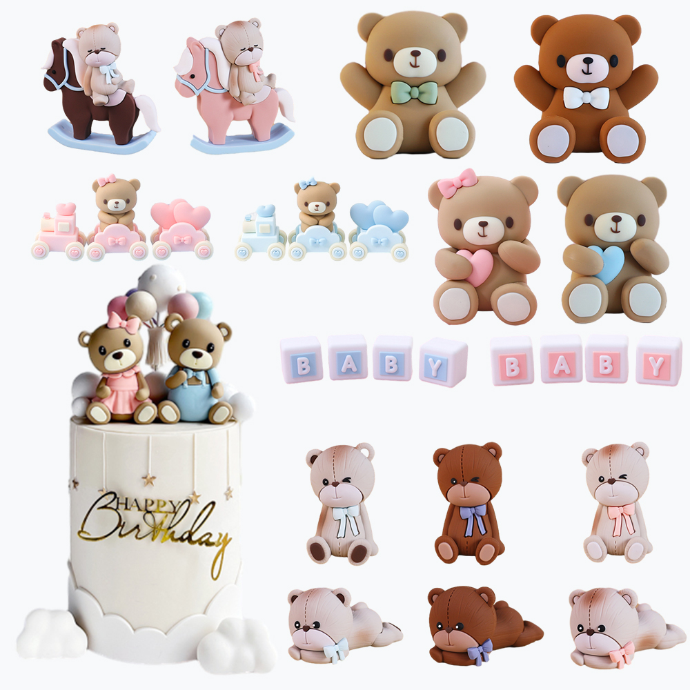 Różowy Niebieski Niedźwiedź Tort Urodzinowy Toppers Adorable Baby's Happy One 1st Birthday Cake Baby Shower Bear Theme Party Gender Reveals