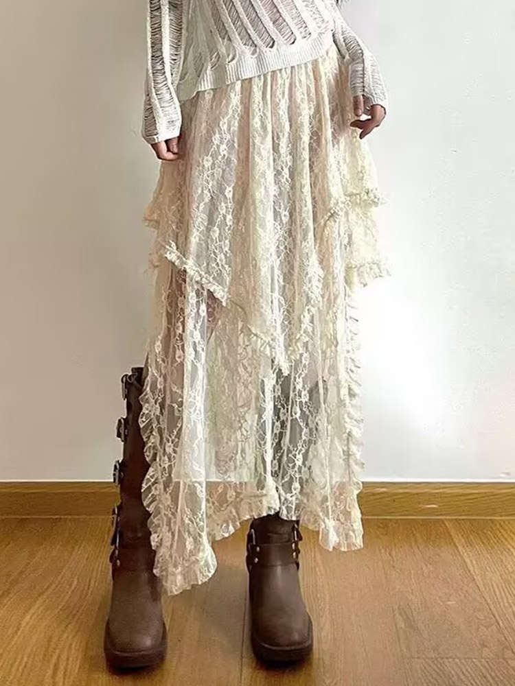 Кружевная асимметричная юбка Fairycore, женские винтажные Y2K Boho, эстетические модные юбки средней длины с высокой талией, женские праздничные наряды