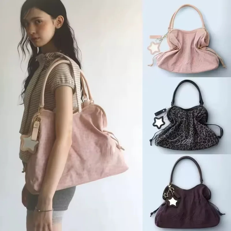Borsa tote coreana BadBlue ricamata con stampa leopardata, borsa a tracolla di grande capacità con ciondolo a specchio a forma di stella, borsa da donna trendy Y2K