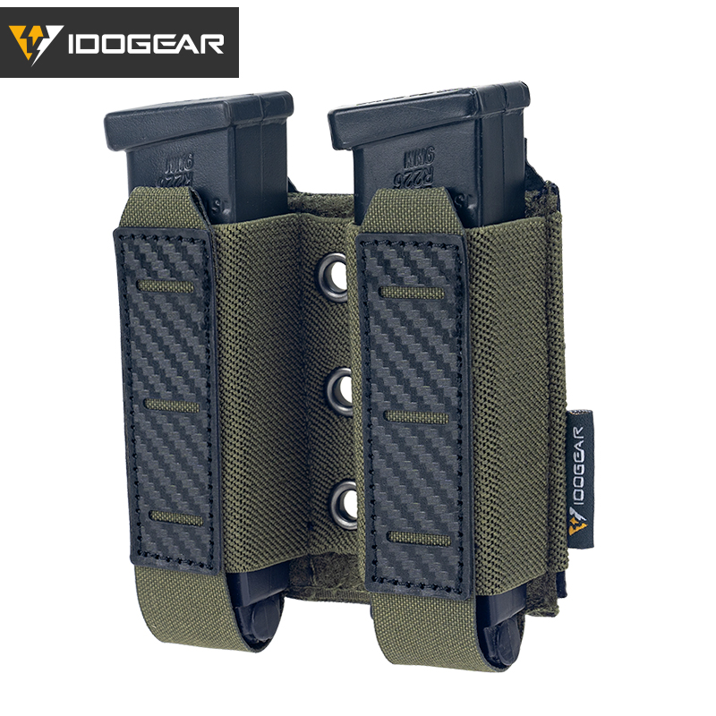 IDOGEAR Tactical Mag Pouch 9 mm Double Mag Carrier Carbon Fiber MOLLE Pouch Ranger Green 3590