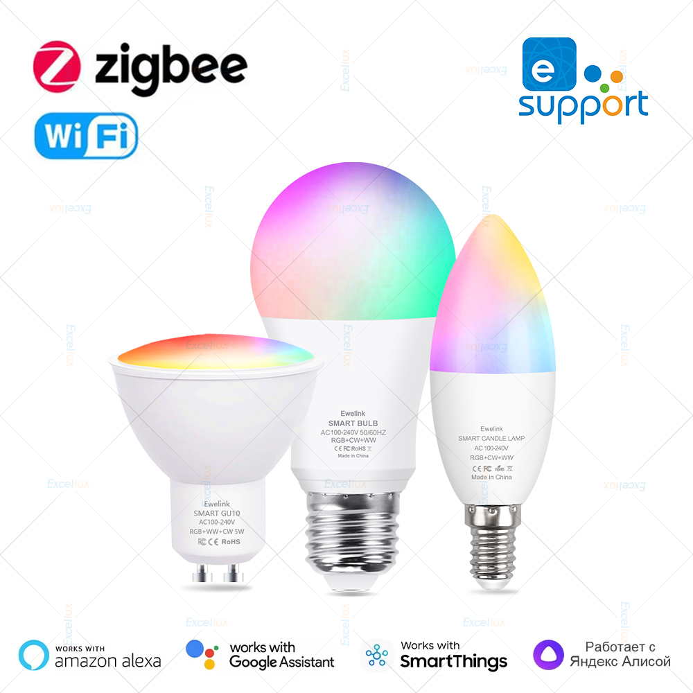 EWelink E27 E14 GU10 電球 WiFi Zigbee、調光可能なライト LED ランプ 3000-6500k RGB、LED 電球、キャンドルランプスポットライト音声 Alexa 付き