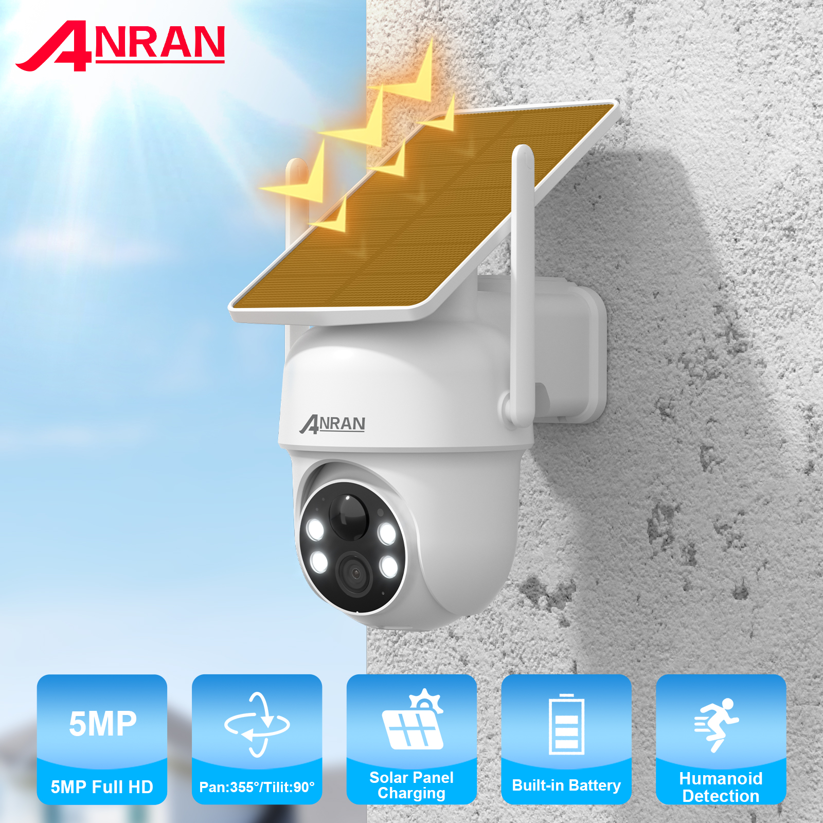 ANRAN Cámara Solar 2K 3/5MP 2,4G Wifi cámaras de seguridad de vigilancia protección del hogar cámaras con batería detección PIR, Audio bidireccional