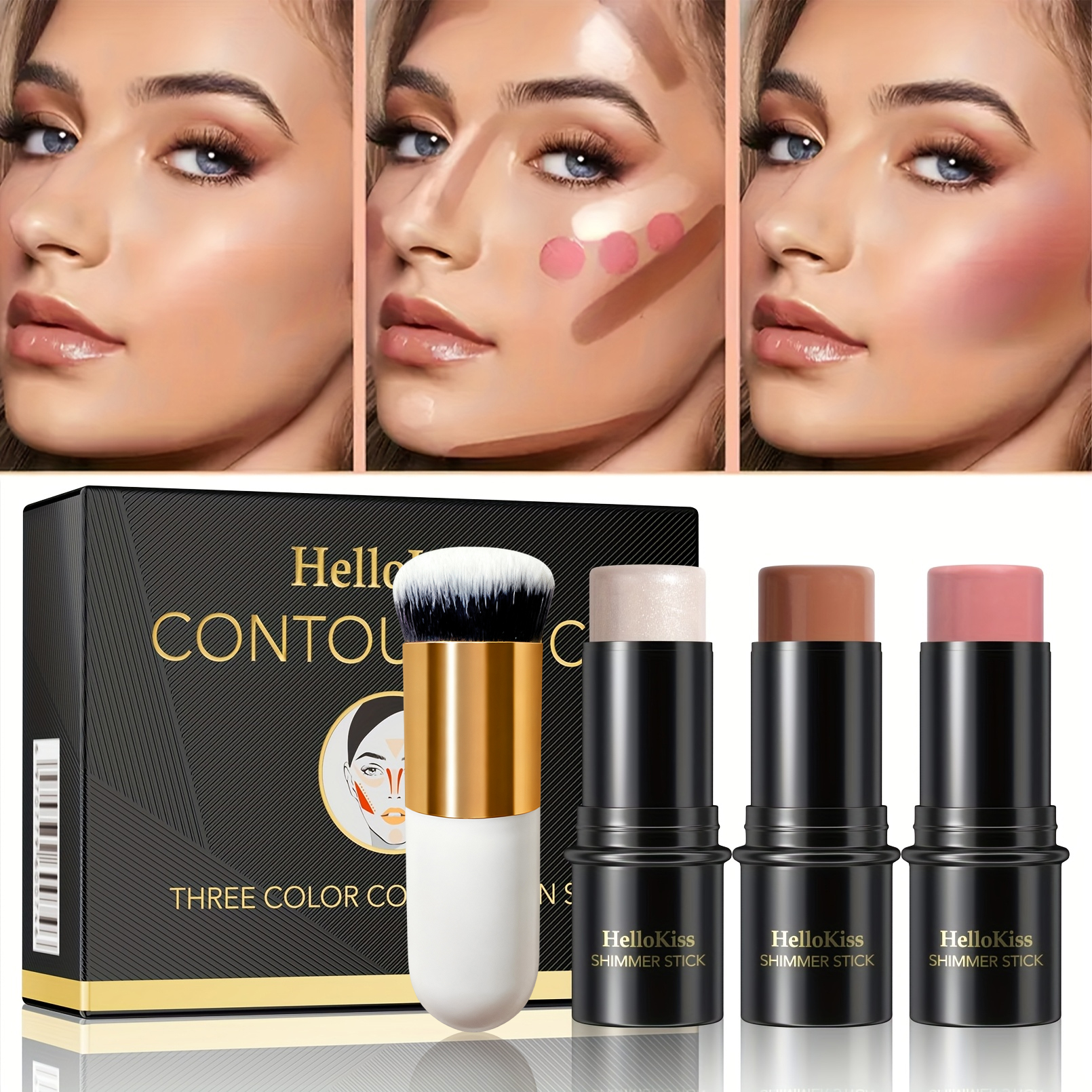 Conjunto de bastão de contorno, 4 unidades, iluminador, blush e bronzer com pincel de destaque de longa duração, perfeito para presentes de Halloween e formatura