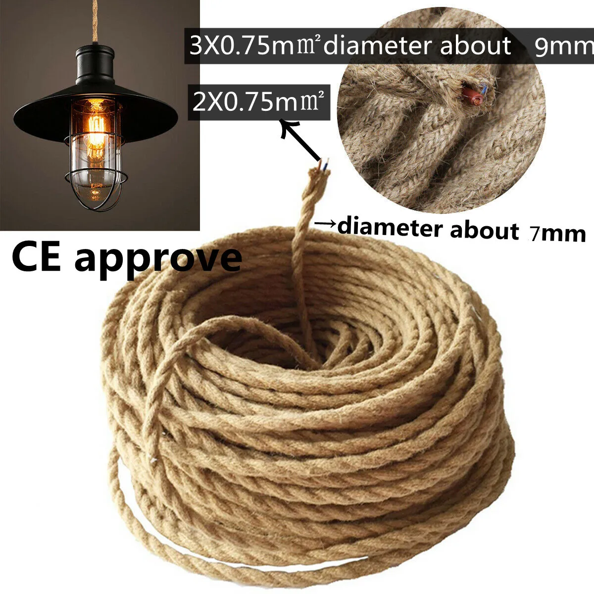 Cable trenzado de 2 núcleos y 3 núcleos, cuerda de cáñamo, Cable eléctrico de estilo Retro, Cable de lámpara Vintage de cobre, Cable textil tejido, Cable de luz colgante