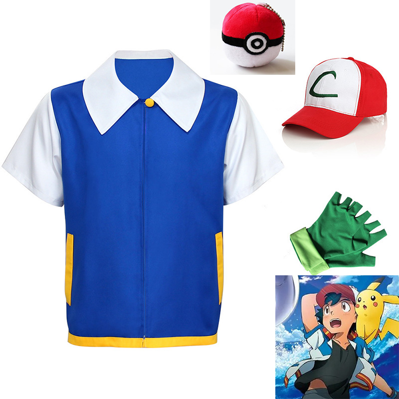 Cosplay Anime Ash Ketchum Abbigliamento Uomo Giacca blu Costume Ragazzi Ragazze Cosplay per Party Trainer Pokemon Cap Guanti Set