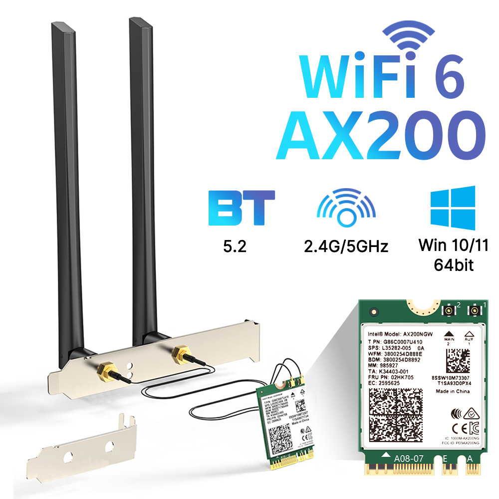 3000Mbps WiFi 6 Intel AX200 Nirkabel untuk Bluetooth 5.2 Desktop Kit 802.11AX 2.4G/5Ghz AX200NGW Kartu Wi-Fi untuk PC Windows 10/11