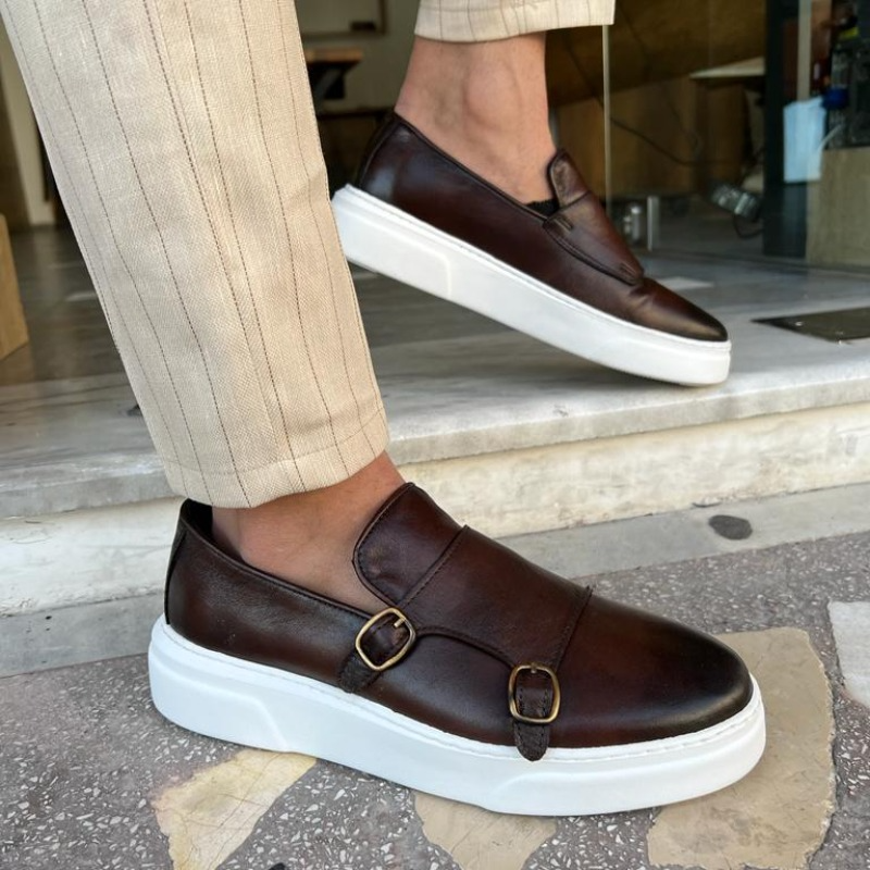 Sapatos de monge vulcanização feitos à mão para homens, tênis monocromáticos masculinos, preto, marrom, slip-on, feitos à mão