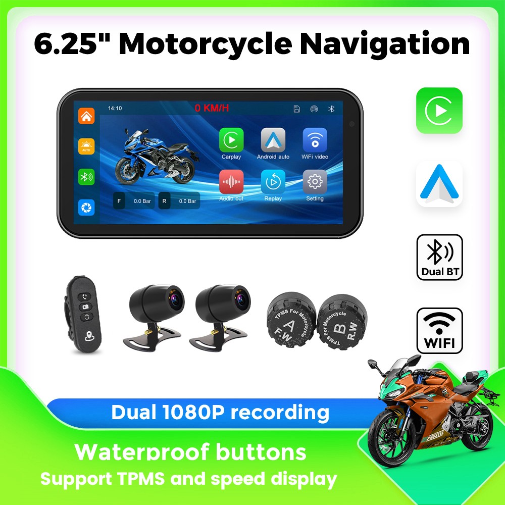 Draagbare 6,25 inch IP67 waterdichte motorfiets GPS-navigatie Draadloze Carplay Android Auto DVR Drive Recorder Moto Monitor WIFI