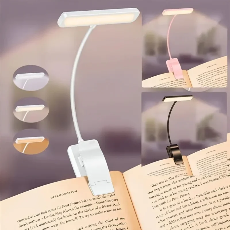 1 pçs usb recarregável livro luz 3 cores ajustável led lâmpada de leitura com braçadeira olho-cuidado luz noturna para cama, mesa de estudo