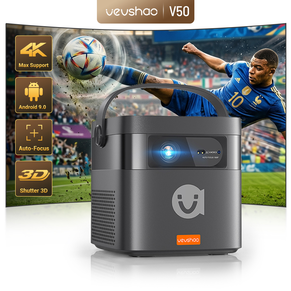 VEVSHAO V50 400ANSI DLP-projector Android 9.0 TOF Focus 3D Dual-band WiFi Bluetooth 5.0 15000mAh Batterij Home Theater