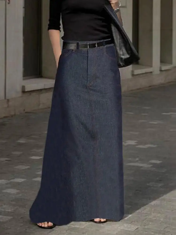 Fashion Imitation Denim H-Line High Waist Skirts Spring Summer Loose Solid Color Pockets Maxi Skirt For Women