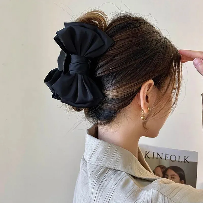 Elegant ผู้หญิงโบว์ผม Claw คลิปสองด้านขนาดใหญ่ซาติน Shark Hair Claw Bowknot Hairpins Barrettes อุปกรณ์เสริมผม