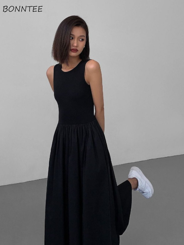 Sukienki damskie bez rękawów Slim O-neck Solid Black Ankle-length Summer High Street Holiday Korean Fashion Style Vintage Vestido