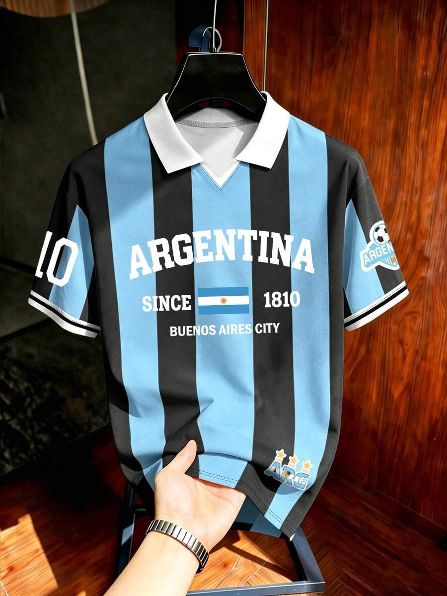 Retro Brazilian team men's polo shirt loose fit Argentina team polo shirt football fan parent-child printed T-shirt short-sleeve