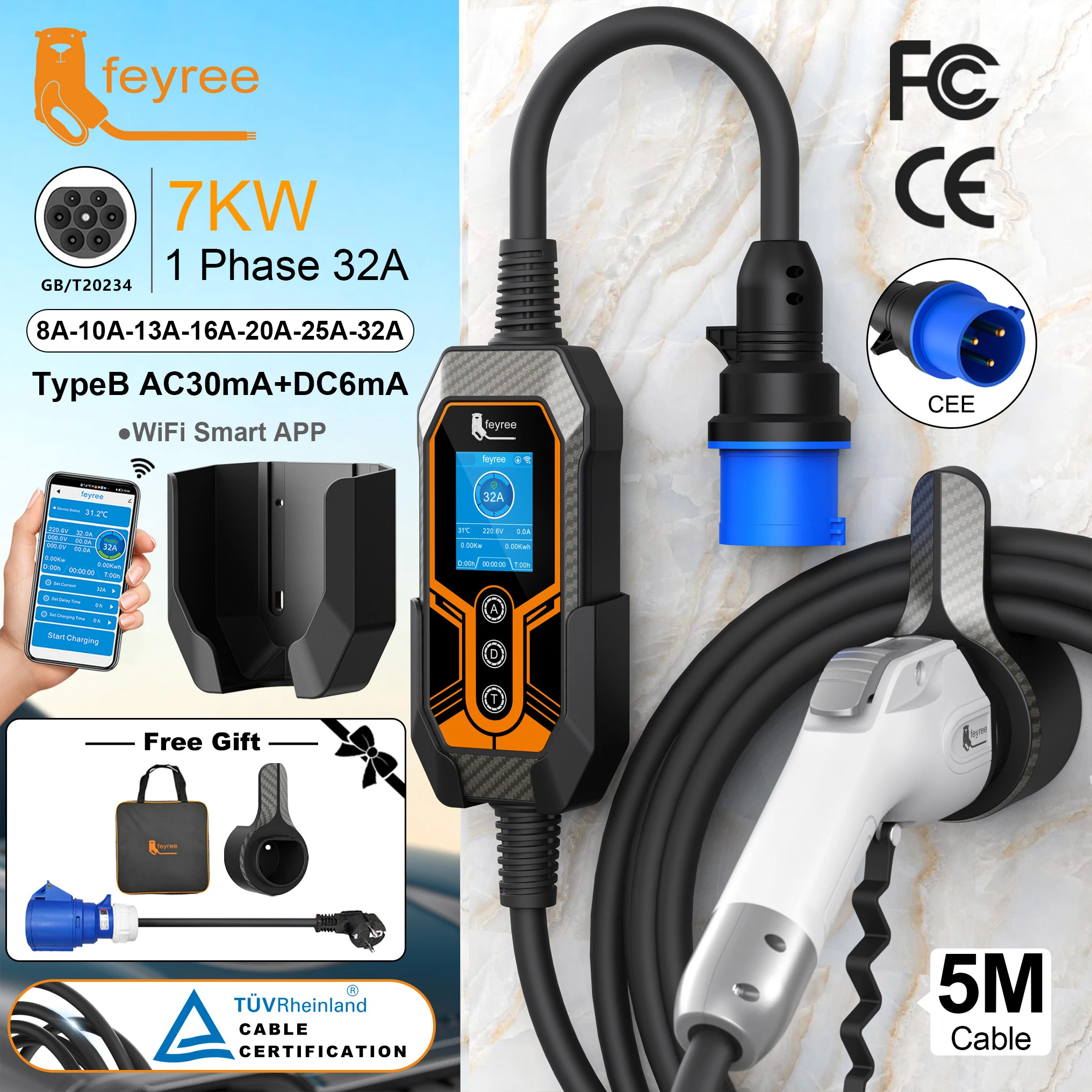 Feyree GB/T EV Charger Portable Upgraded Version with Wall Mount 7KW 32A 1 Phase EVSE Charging Box GB/T Plug Wifi APP Version