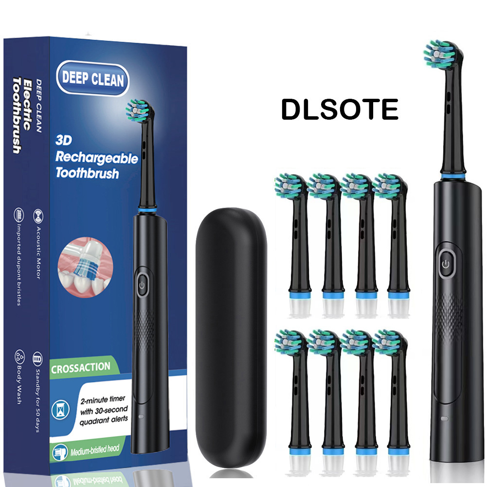 Cepillo de dientes eléctrico giratorio blanco y negro para adultos con 4 cabezales de cepillo de limpieza profunda con alimentación recargable y temporizador inteligente de 2 minutos
