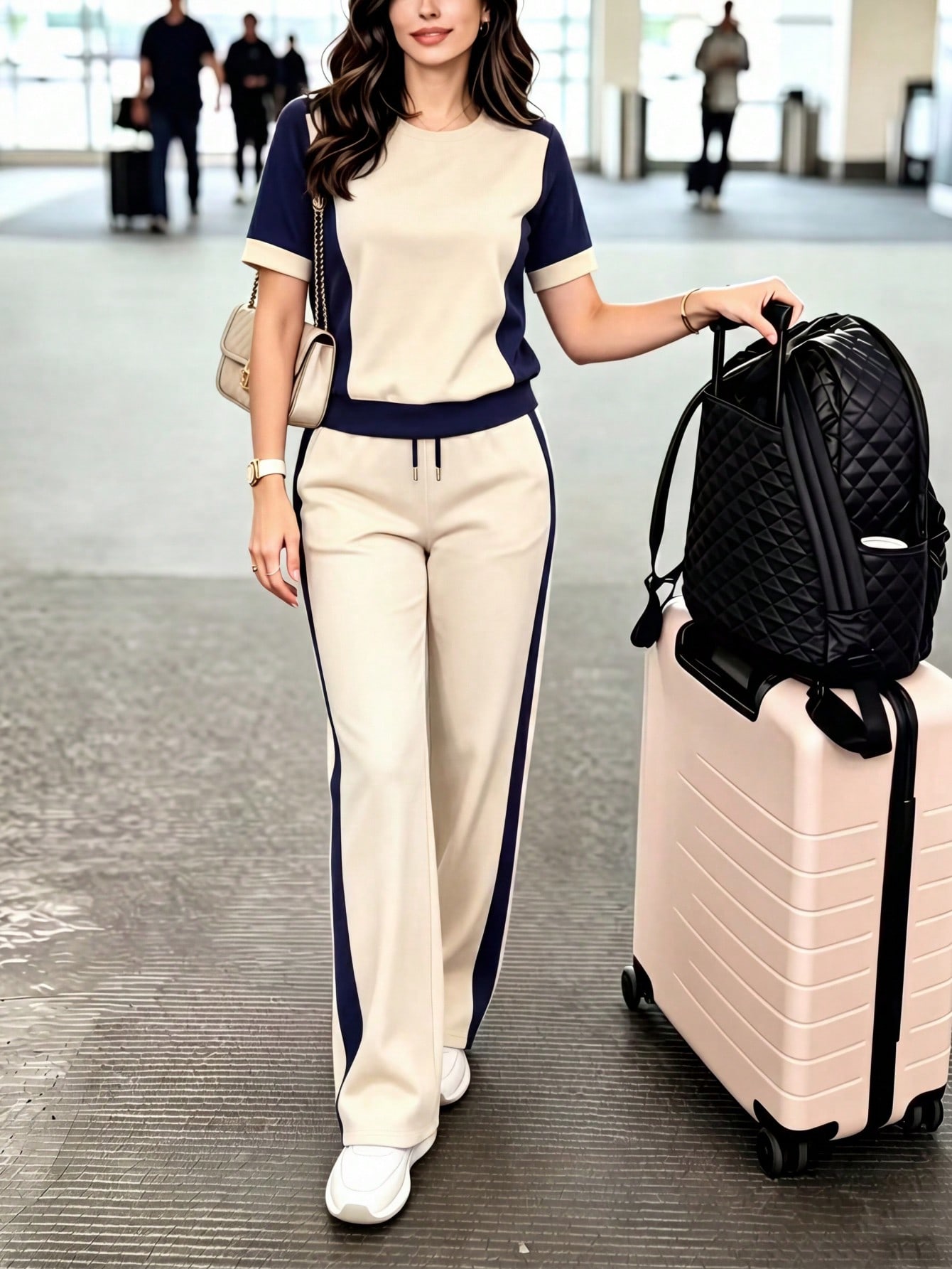 Frühling/Sommer Damen Neues Lässiges Vielseitiges Farbblockierendes Premier-Style Rundhals-Kurzarm-Oberteil mit Hochgeschnittener Weiter Gerader Hose Zweiteiliges Set T-Shirt und Farbblock-Lange-Hose-Set