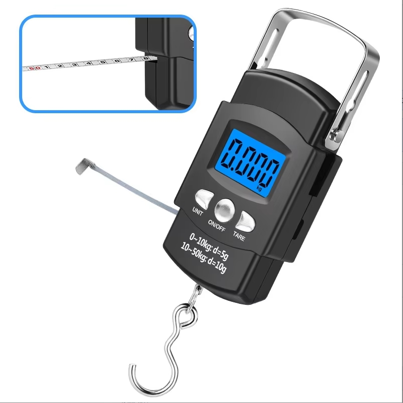 Timbangan Elektronik 110lb/50kg Layar LCD dengan Lampu Latar Biru, Dilengkapi Meteran, Timbangan Digital Gantung untuk Memancing