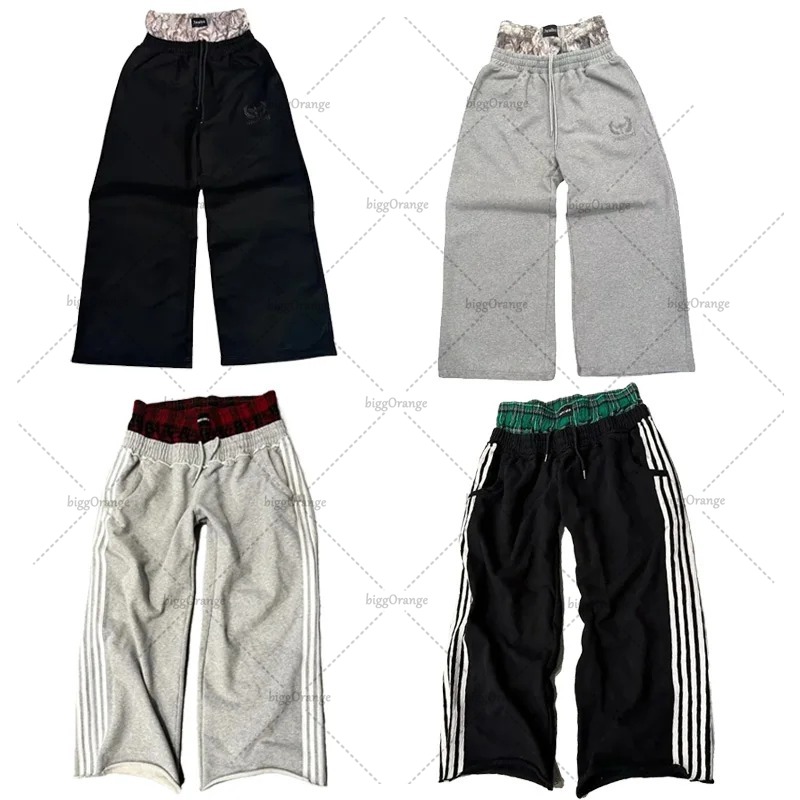 Calças de moda europeia e americana, calças falsas de duas peças, soltas e versáteis, com cordão, pernas largas, femininas