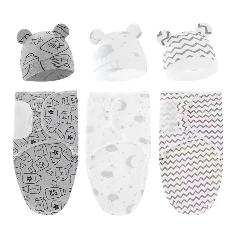 Conjunto de gorro y manta para bebé, manta ajustable de algodón con estampado de dibujos animados para recién nacido, envolturas para dormir para todas las estaciones de 0 a 6 meses