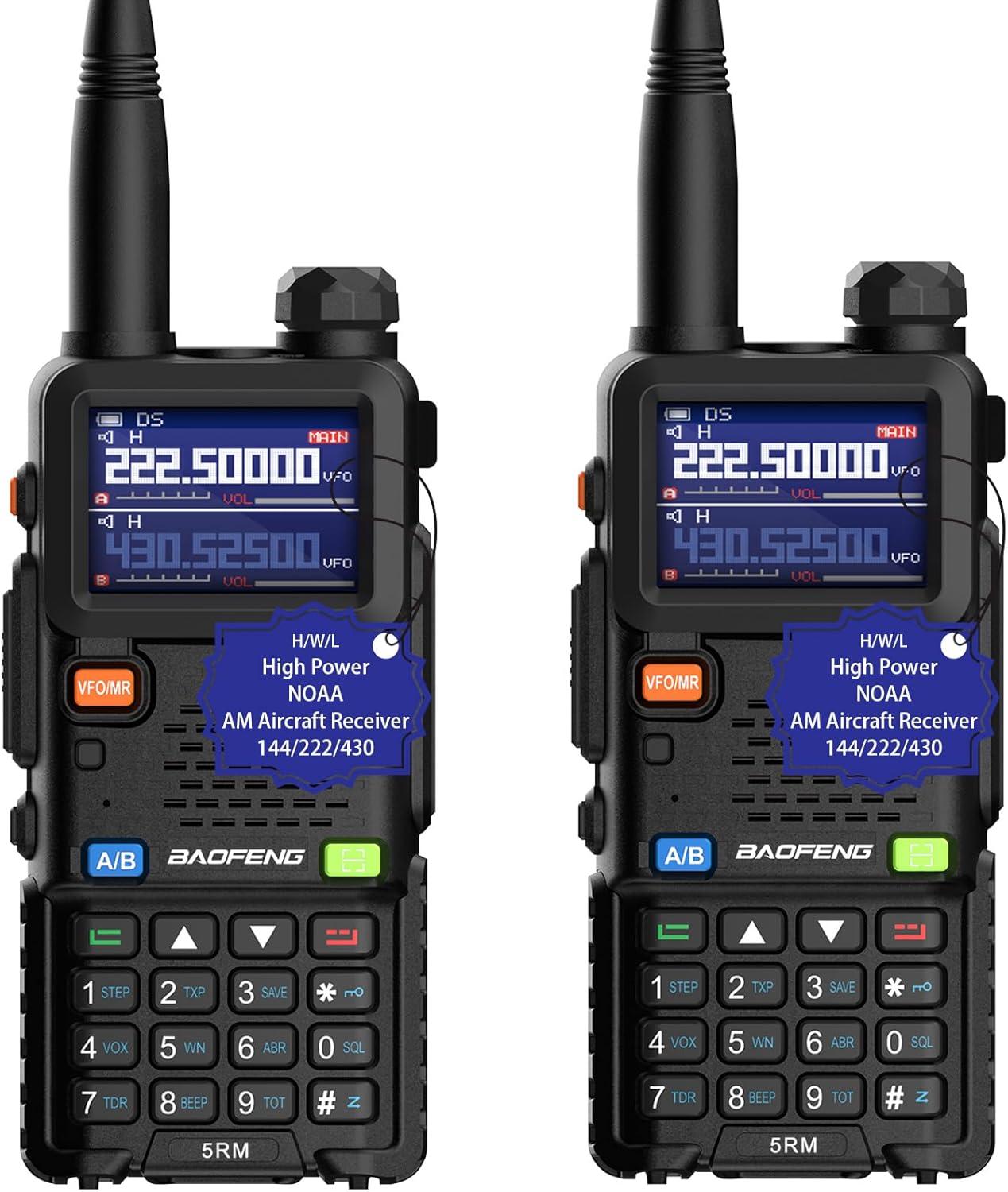 2 uds Baofeng 5RM Radio alta potencia Walkie Talkies de largo alcance NOAA frecuencia de copia meteorológica 999CH cargador USB C