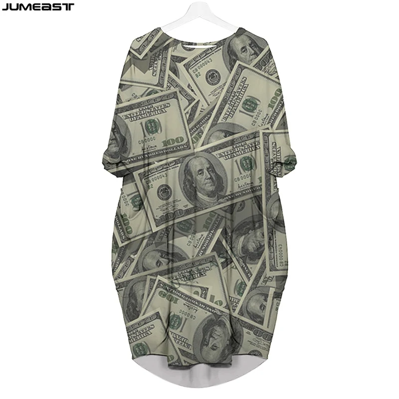 Jumeast Women 3D Batwing Pocket Dress Oversized Female Streetwear Money Dollar Banknote Pullover Dresses Summer Skirt Nightdress