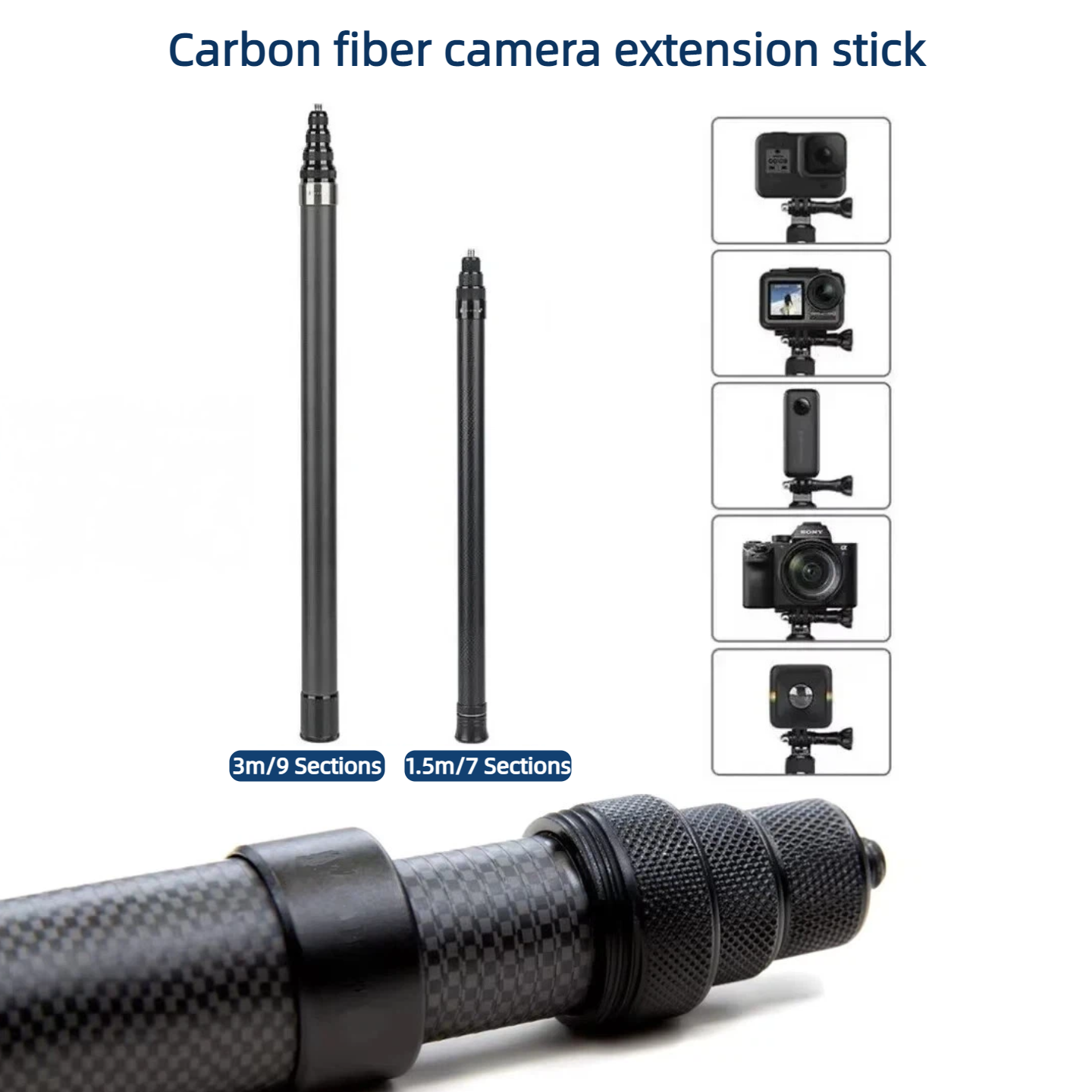 ไม้เซลฟี่แบบยืดหดได้ 3M คาร์บอนไฟเบอร์ รุ่นขยาย สำหรับ Insta360 X3 X2 และ GoPro 9 10 11 12 ใช้เป็นขาตั้งกล้องได้