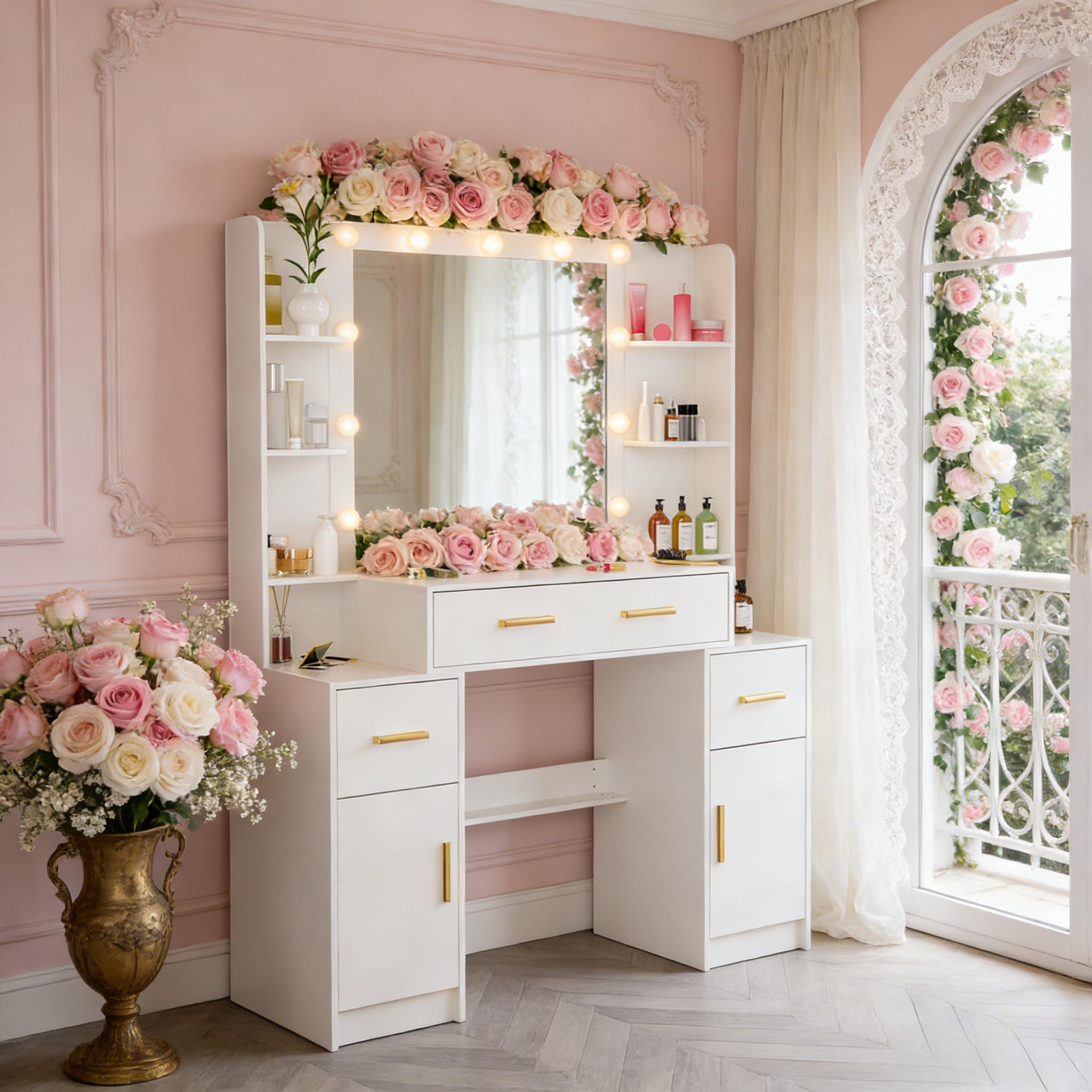 Tocador Moderno Blanco Teousev con Espejo, 4 Cajones y Organizador de Almacenamiento para Dormitorio/Hogar