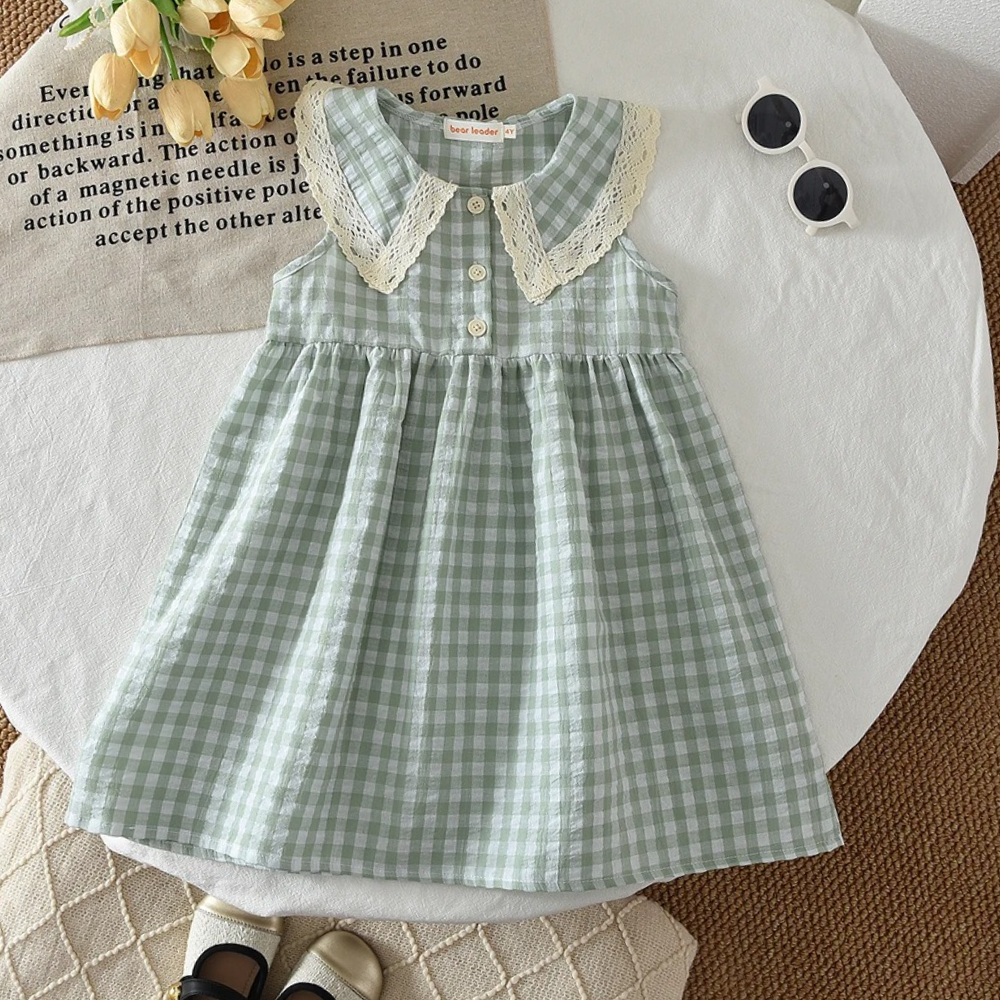 Abito scozzese senza maniche con risvolto in pizzo nuovo stile campagna casual estivo per ragazze vestiti dolci versione coreana
