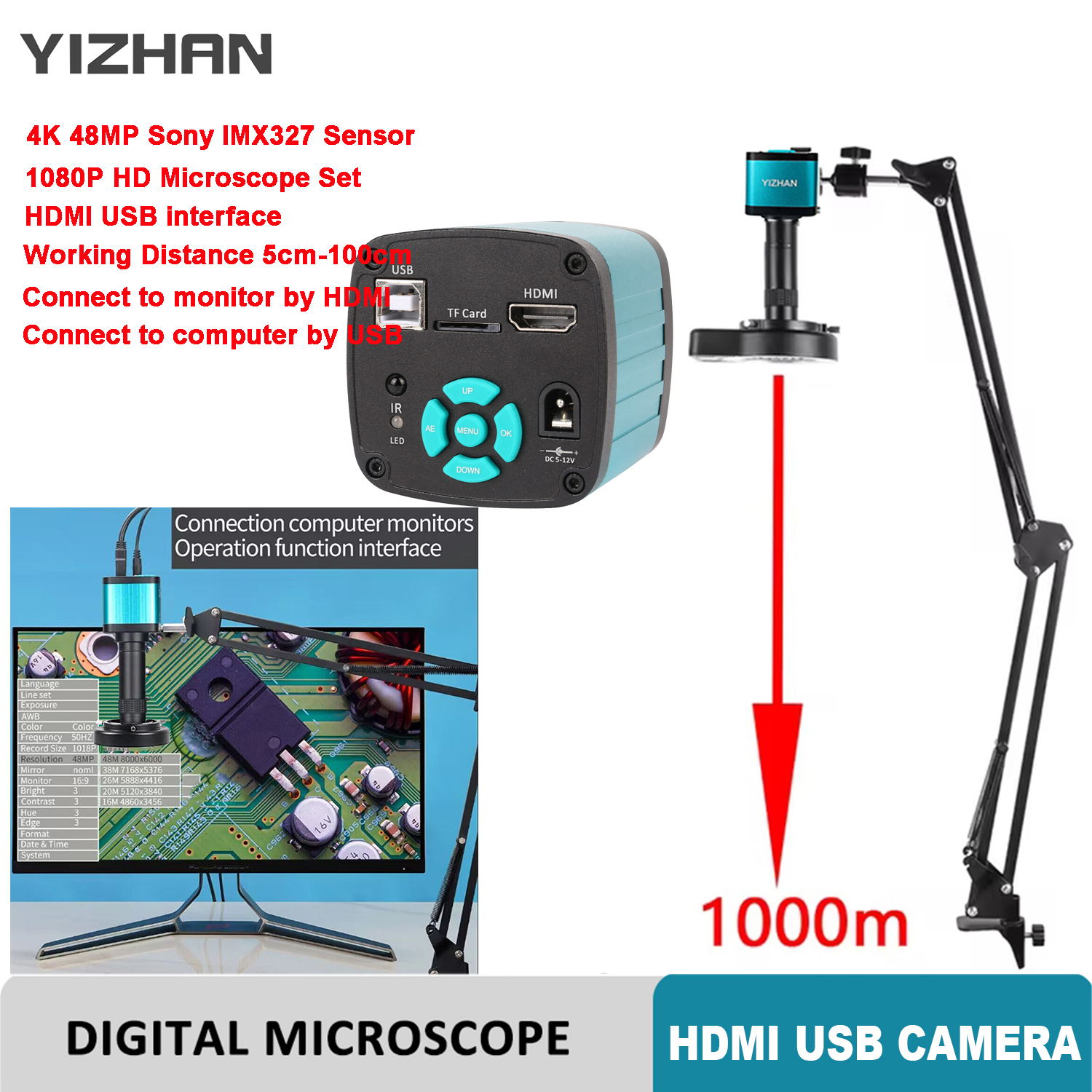 Yizhan 1080P HD 4K microscopio HDMI USB Video microscopio cámara 150X C lente de montaje Control remoto Software de PC para soldadura PCB