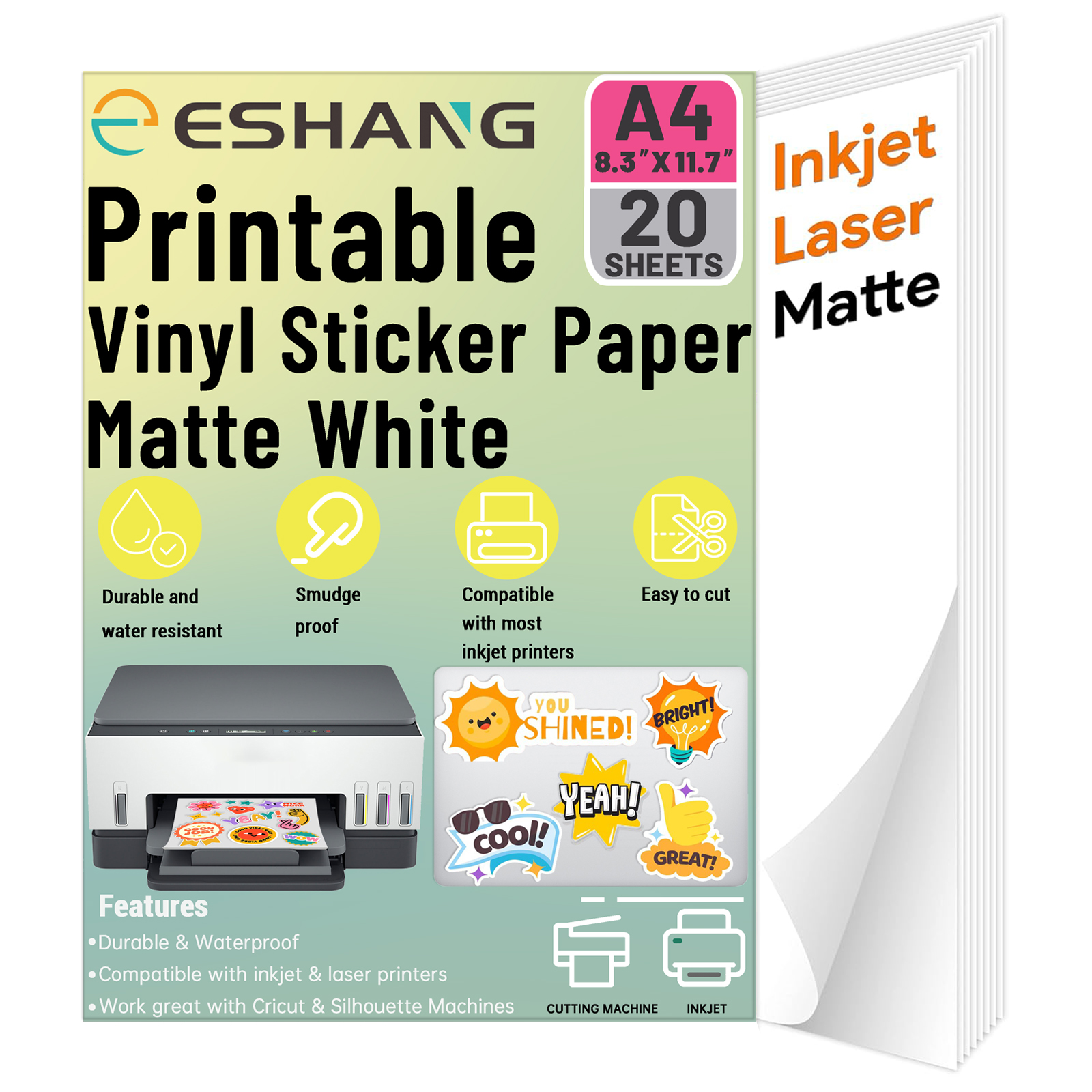 20 fogli di carta adesiva in vinile stampabile formato A4, carta adesiva impermeabile bianca opaca da 8,3 x 11,7 pollici per stampante laser e a getto d'inchiostro