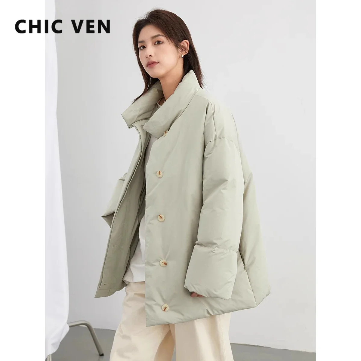 CHIC VEN-abrigos coreanos para mujer, chaqueta informal con cuello levantado, plumón de pato 90%, chaqueta holgada para niña, Otoño Invierno 2023