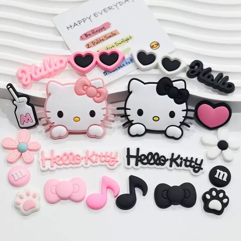 Set de Adornos para Zapatos de Hello Kitty en Rosa y Negro, Accesorios Lindos de Gato y Flor para Sandalias, Decoración DIY para Niñas y Mujeres